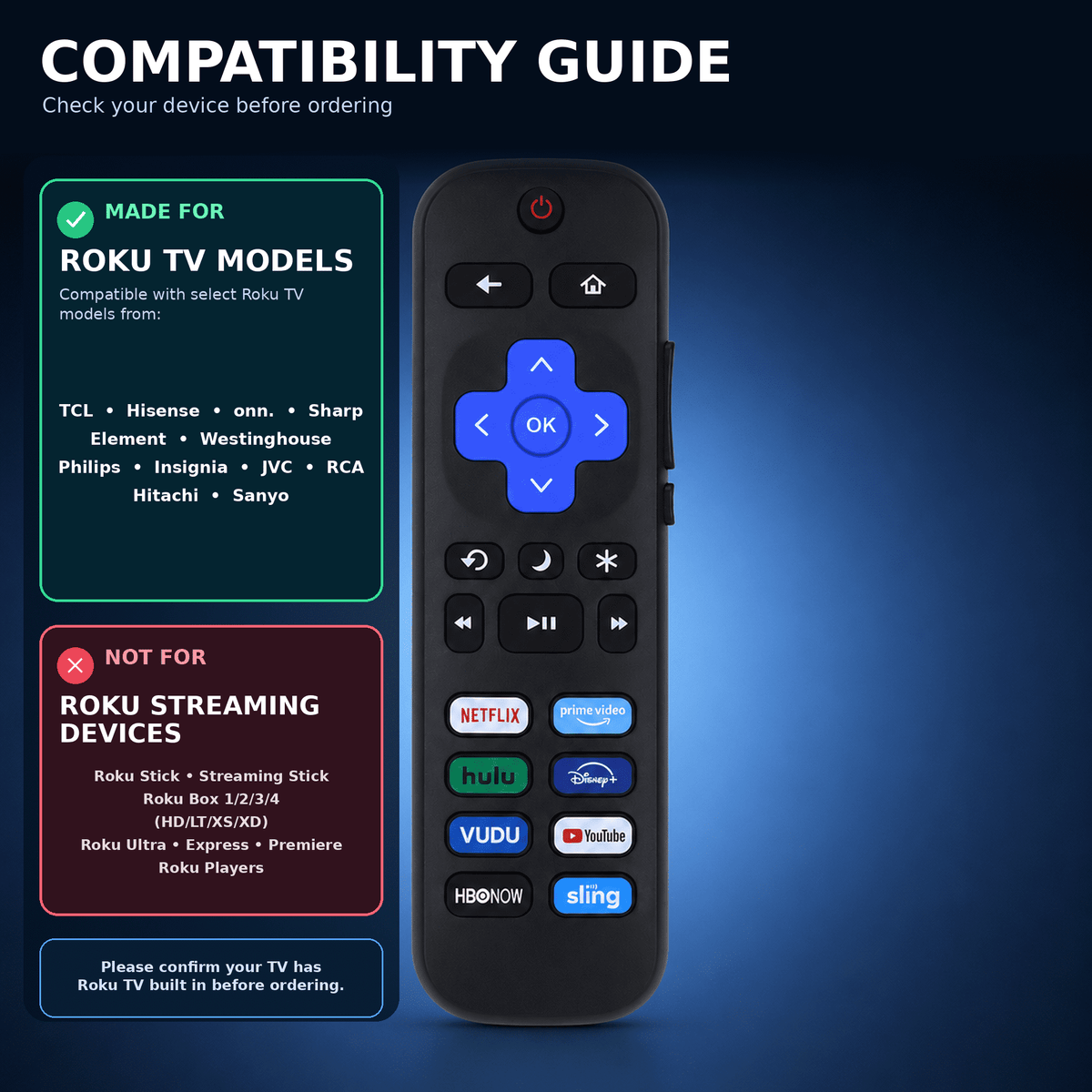 Geeopuk Replacement Remote Control for Select Roku TV Models, 2-Pack with Silicone Case, No Pairing, 8 App Shortcut Buttons, Side Volume and Mute