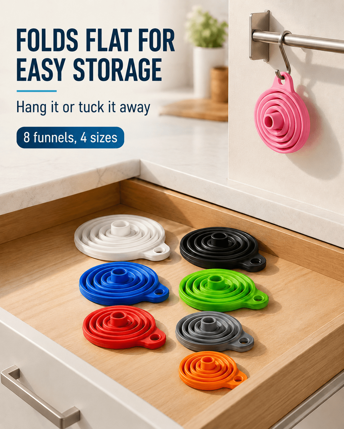 Geeopuk 8 Pack Collapsible Silicone Funnels, Kitchen Funnel Set with 4 Sizes, Foldable Bottle Funnels for Oil, Liquid, Food, Jar Filling and Travel Use