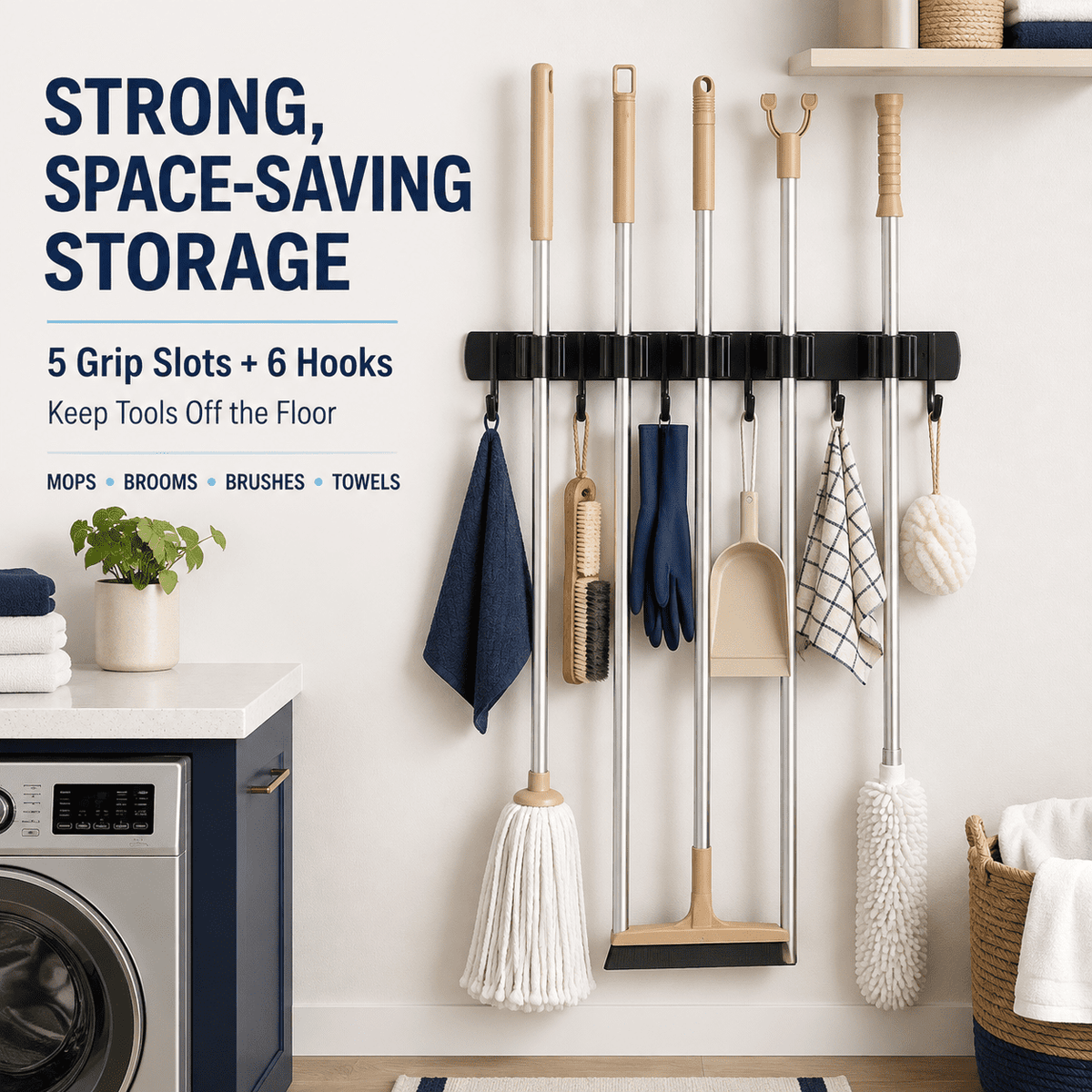 Geeopuk Mop and Broom Holder Wall Mount, 5 Grip Slots 6 Hooks Cleaning Tool Organizer with 4.33" Spacing, Self-Grip Silicone Clips, Garage Laundry Room Storage Rack, Black