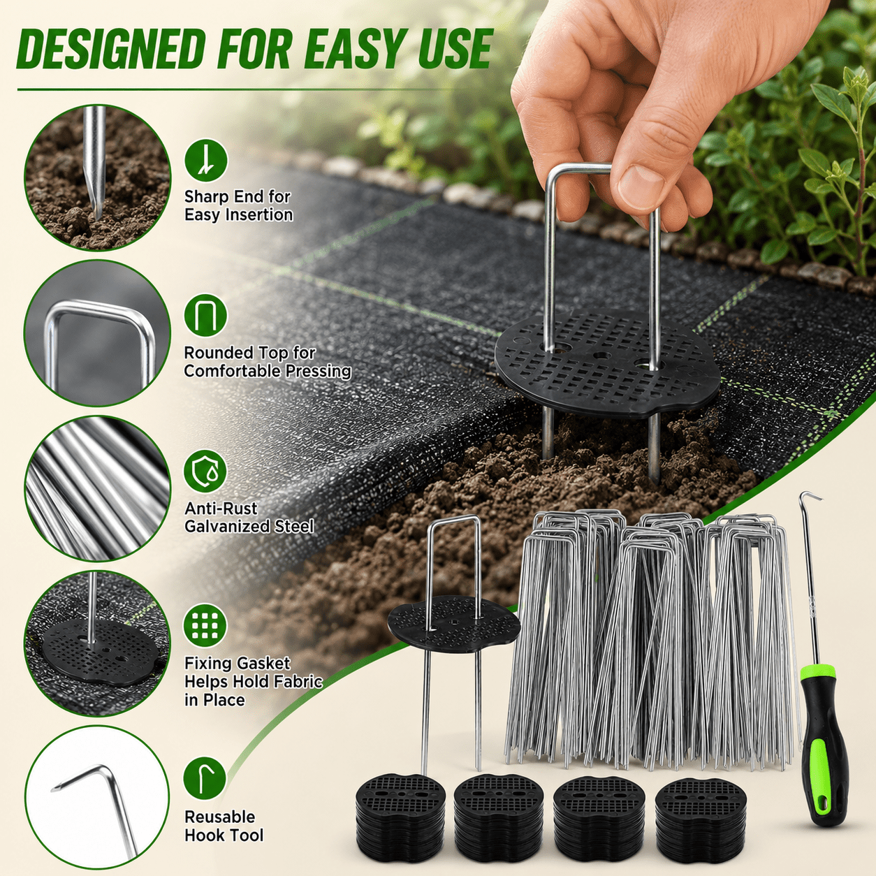 Geeopuk 50 Pack Approx. 6 Inch U-Shaped Landscape Staples with 50 Gaskets & Hook Tool, 11 Gauge Galvanized Garden Stakes for Weed Barrier