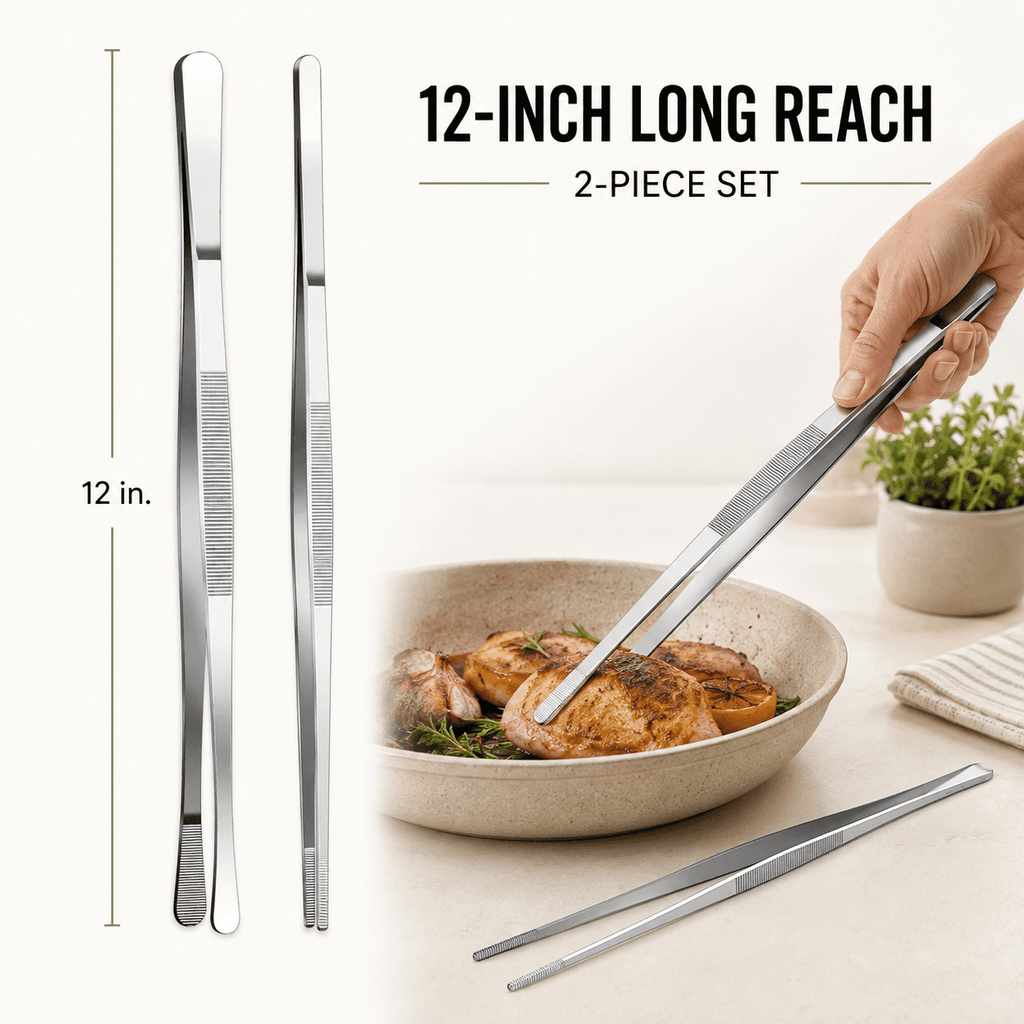 Geeopuk Kitchen Tweezers 2 Pack, 12 Inch Extra Long Stainless Steel Cooking Tweezers, Wide Round Tip & Narrow Straight Tip Food Tongs for Plating, BBQ, Grilling and Serving