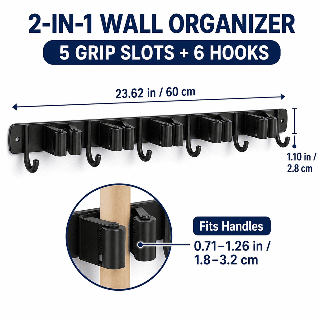 Geeopuk Mop and Broom Holder Wall Mount, 5 Grip Slots 6 Hooks Cleaning Tool Organizer with 4.33" Spacing, Self-Grip Silicone Clips, Garage Laundry Room Storage Rack, Black
