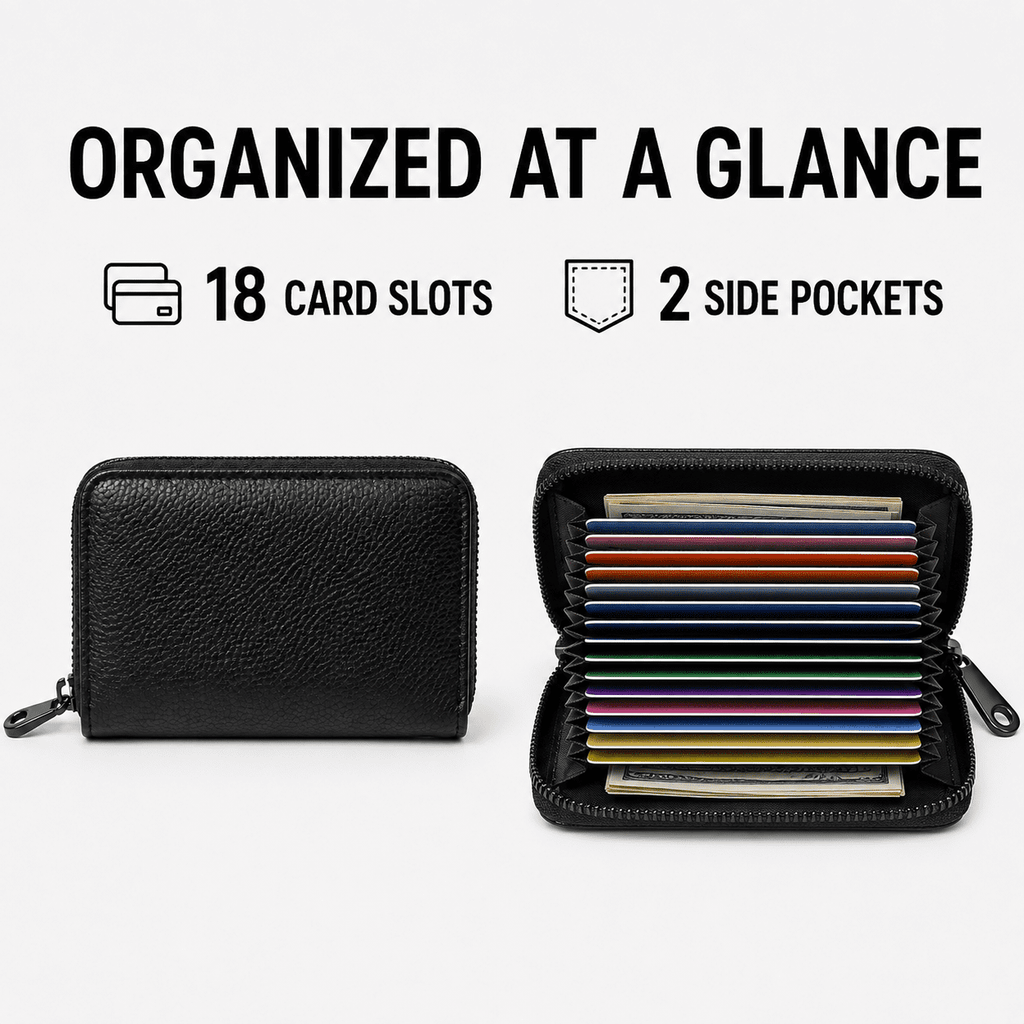 Geeopuk Credit Card Holder Wallet, 18 Card Slots & 2 Pockets, PU Leather Zip Around Accordion Card Case for Women and Men, Black