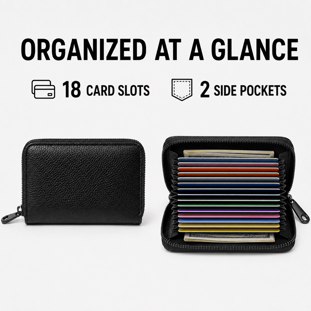 Geeopuk Credit Card Holder Wallet, 18 Card Slots & 2 Pockets, PU Leather Zip Around Accordion Card Case for Women and Men, Black