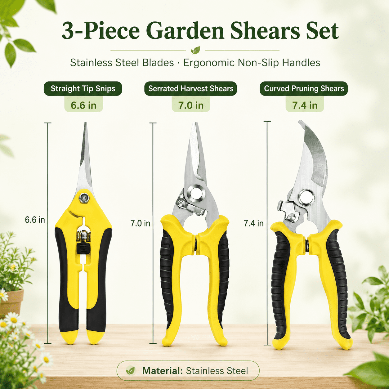 Geeopuk 3 Pack Garden Pruning Shears Set, Stainless Steel Garden Scissors & Clippers with Straight Curved Serrated Blades for Flowers, Herbs, Bonsai