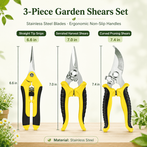 Geeopuk 3 Pack Garden Pruning Shears Set, Stainless Steel Garden Scissors & Clippers with Straight Curved Serrated Blades for Flowers, Herbs, Bonsai