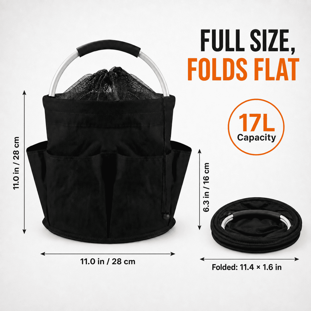 Geeopuk Large Utility Tote Organizer Bag, 17L Portable Shower Caddy with 6 Outer Pockets, Reinforced Aluminum Handle, Mesh Drawstring Top, Foldable Storage Basket for Bathroom, Garden, Gym, Camping