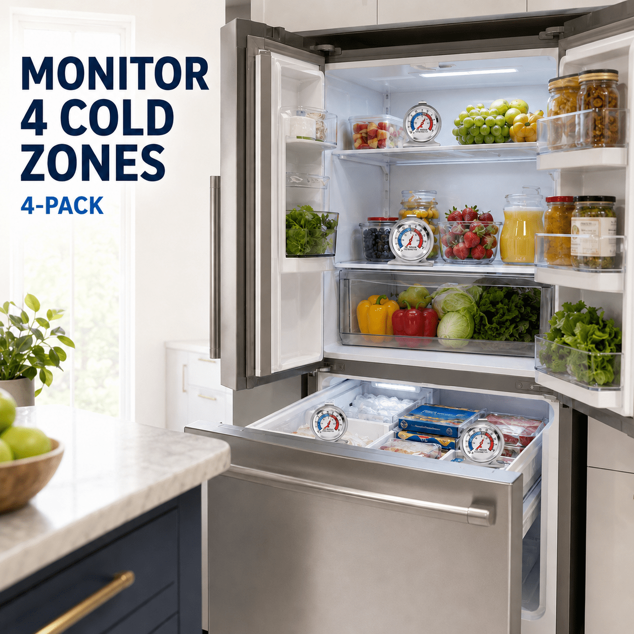 Geeopuk 4 Pack Refrigerator Thermometer, Large Dial Fridge Freezer Thermometer with Easy Read Display, Hanging or Standing Temperature Gauge for Refrigerator, Freezer, Cooler and Food Storage