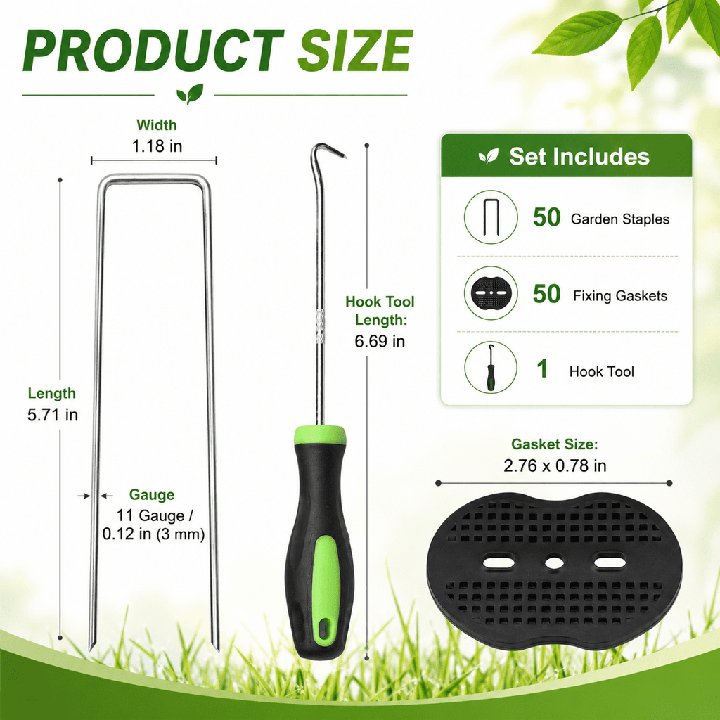 Geeopuk 50 Pack Approx. 6 Inch U-Shaped Landscape Staples with 50 Gaskets & Hook Tool, 11 Gauge Galvanized Garden Stakes for Weed Barrier