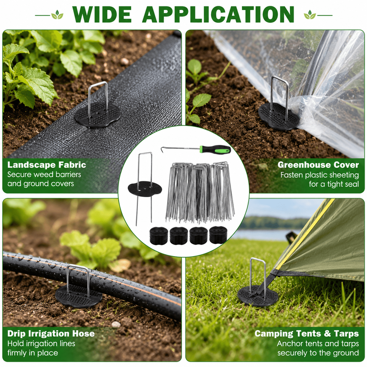 Geeopuk 50 Pack Approx. 6 Inch U-Shaped Landscape Staples with 50 Gaskets & Hook Tool, 11 Gauge Galvanized Garden Stakes for Weed Barrier