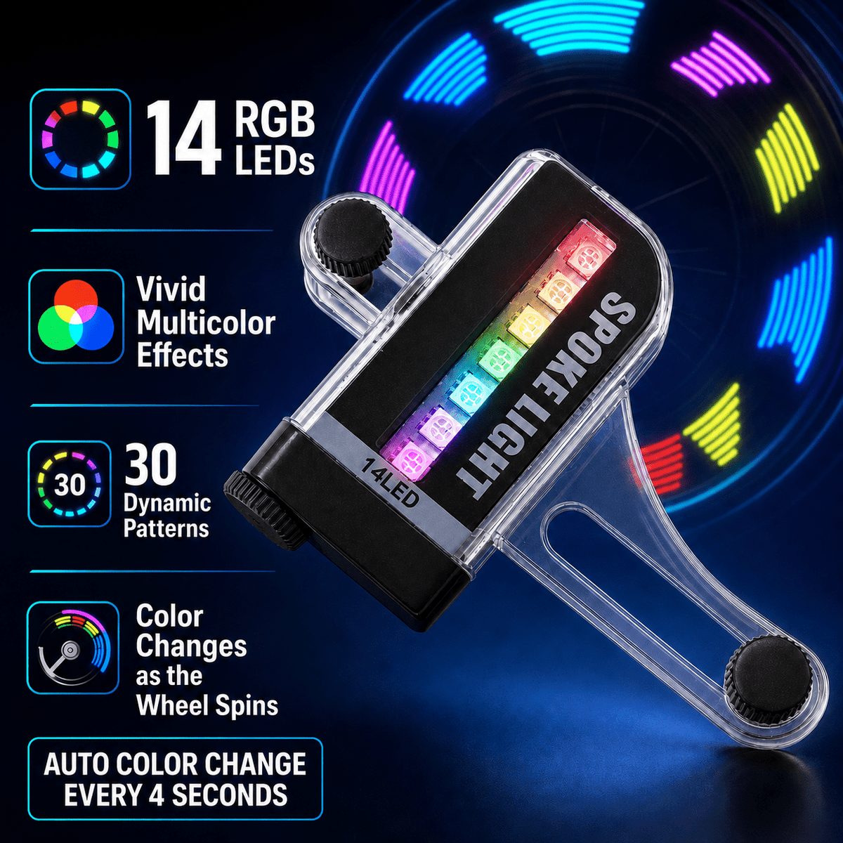 Geeopuk 2-Pack Bike Wheel Spoke Lights, RGB LED Bicycle Wheel Lights with 30 Dynamic Patterns, Auto Color Changing Tire Lights, Tool-Free Installation for Night Riding and Cycling Accessories