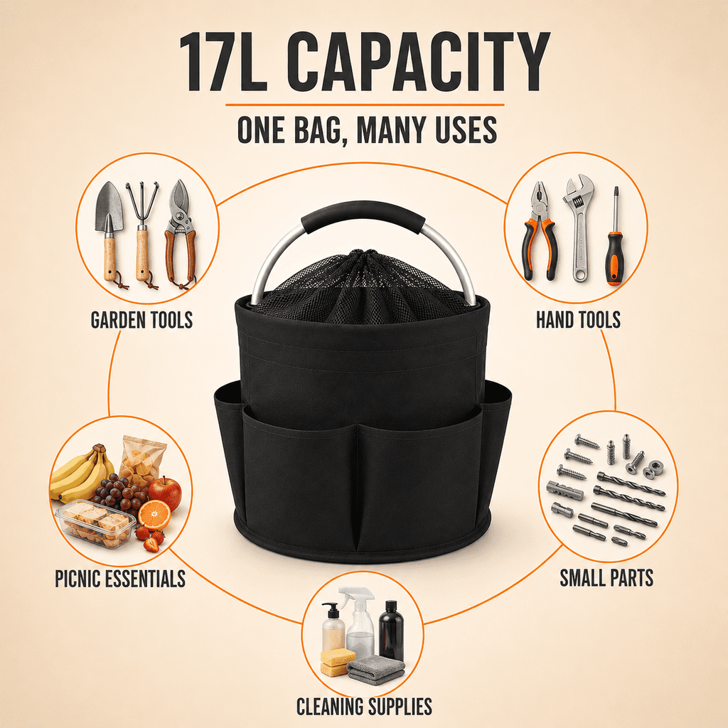 Geeopuk Large Utility Tote Organizer Bag, 17L Portable Shower Caddy with 6 Outer Pockets, Reinforced Aluminum Handle, Mesh Drawstring Top, Foldable Storage Basket for Bathroom, Garden, Gym, Camping