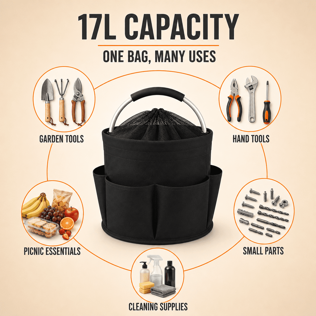 Geeopuk Large Utility Tote Organizer Bag, 17L Portable Shower Caddy with 6 Outer Pockets, Reinforced Aluminum Handle, Mesh Drawstring Top, Foldable Storage Basket for Bathroom, Garden, Gym, Camping