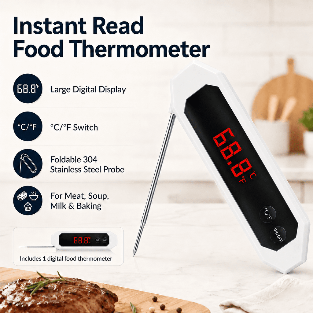 Geeopuk 3-Piece Kitchen Thermometer Set, Digital Meat Food Thermometer with 2 Refrigerator Freezer Thermometers for Cooking, Grill, Fridge, Freezer