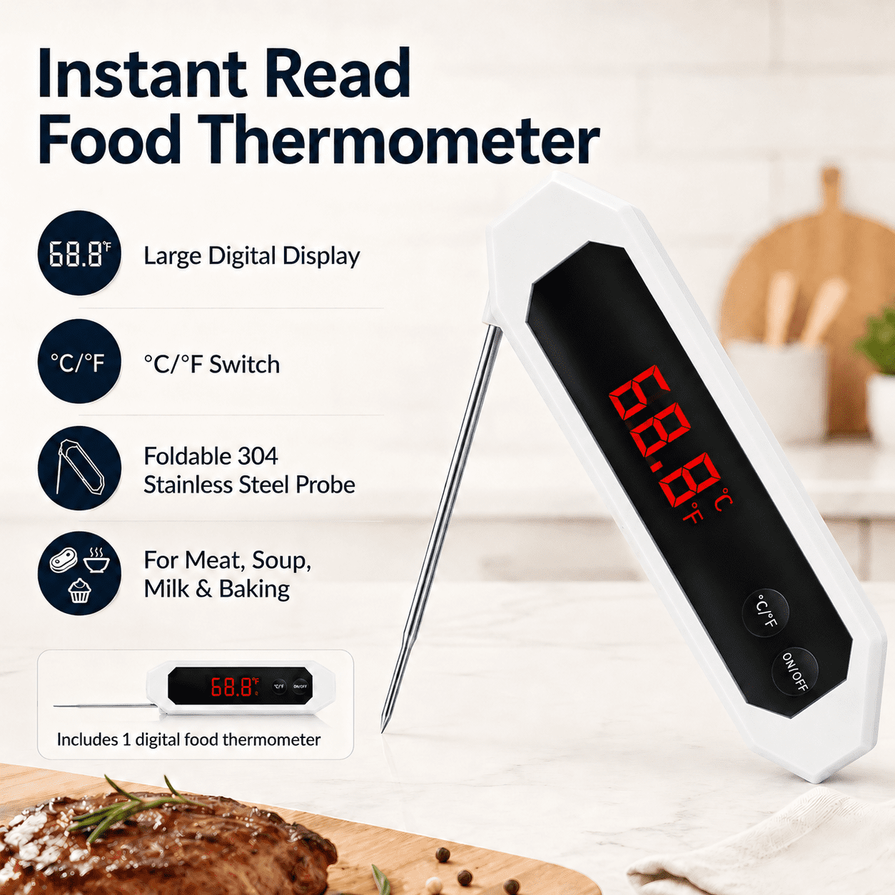 Geeopuk 3-Piece Kitchen Thermometer Set, Digital Meat Food Thermometer with 2 Refrigerator Freezer Thermometers for Cooking, Grill, Fridge, Freezer