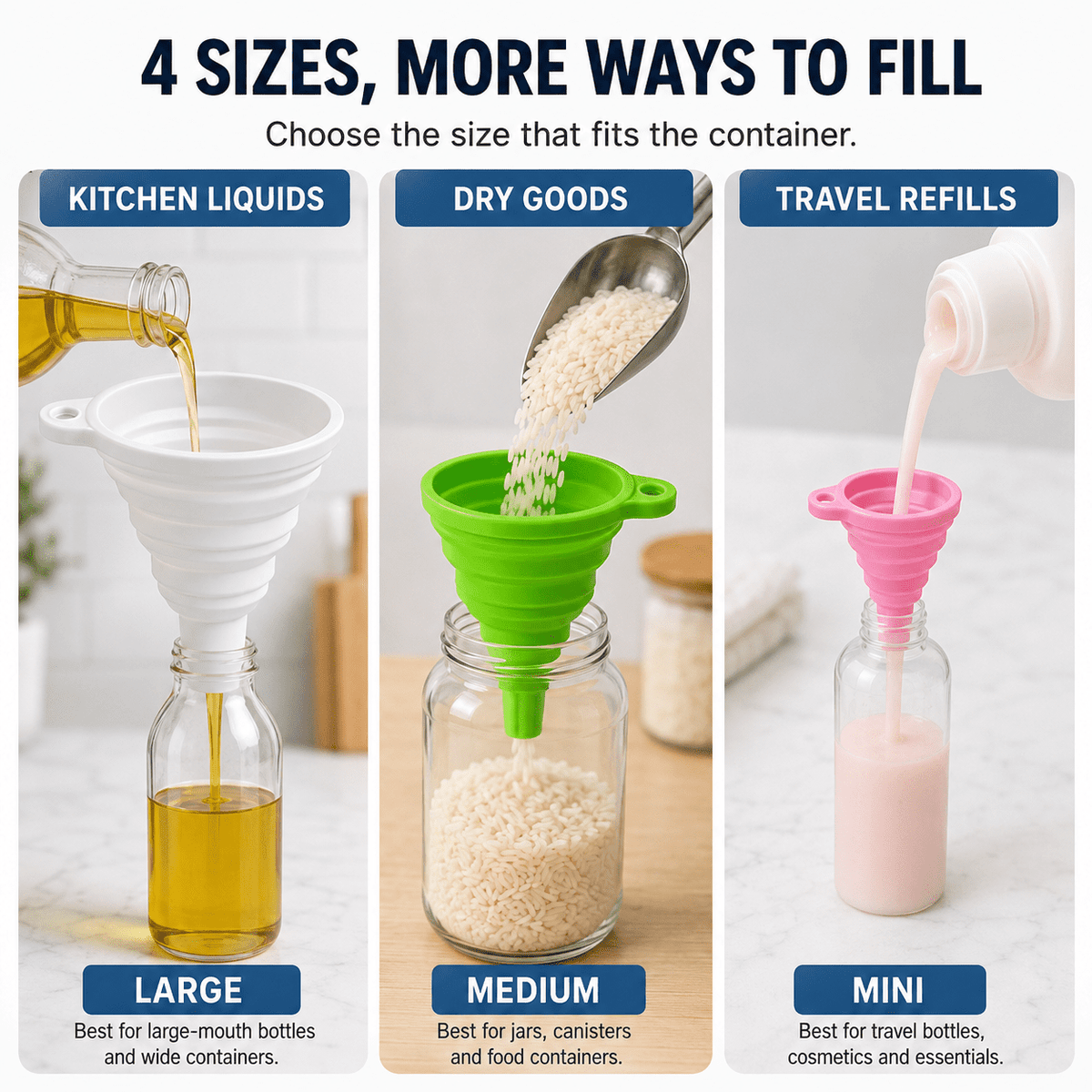 Geeopuk 8 Pack Collapsible Silicone Funnels, Kitchen Funnel Set with 4 Sizes, Foldable Bottle Funnels for Oil, Liquid, Food, Jar Filling and Travel Use