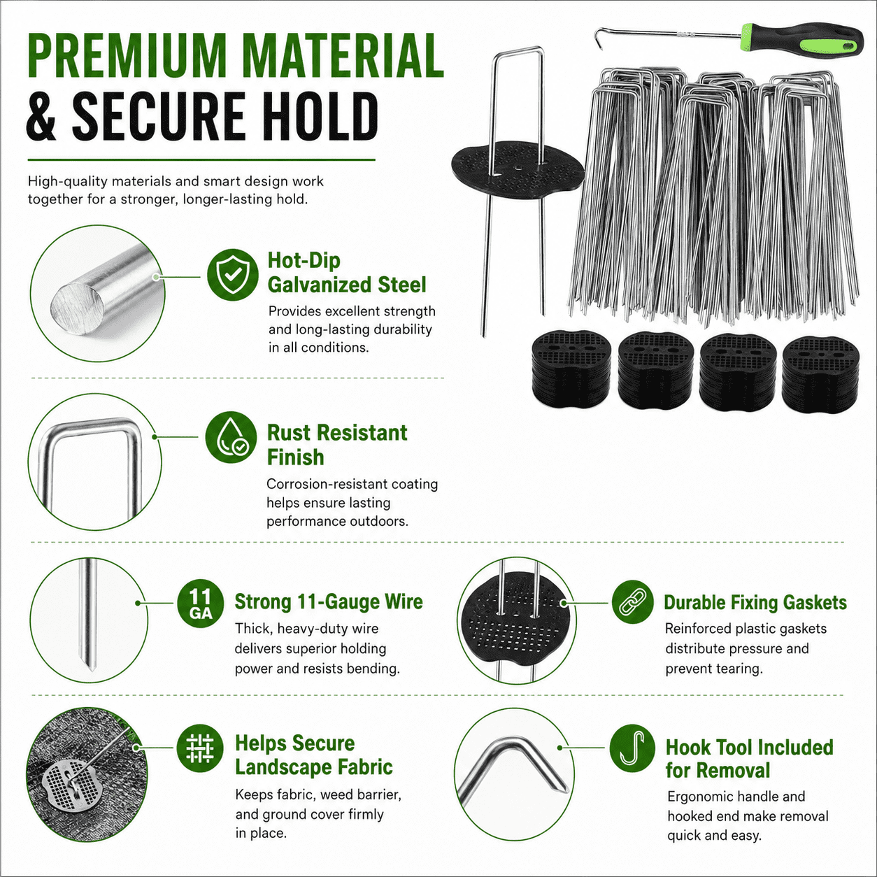Geeopuk 50 Pack Approx. 6 Inch U-Shaped Landscape Staples with 50 Gaskets & Hook Tool, 11 Gauge Galvanized Garden Stakes for Weed Barrier