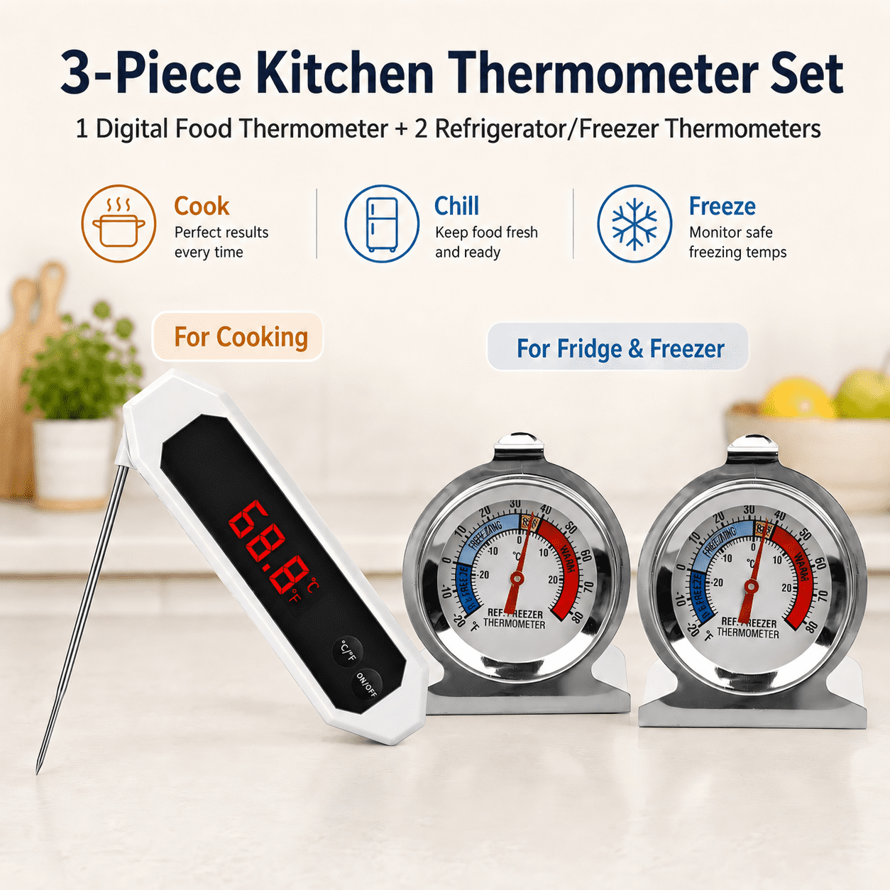 Geeopuk 3-Piece Kitchen Thermometer Set, Digital Meat Food Thermometer with 2 Refrigerator Freezer Thermometers for Cooking, Grill, Fridge, Freezer