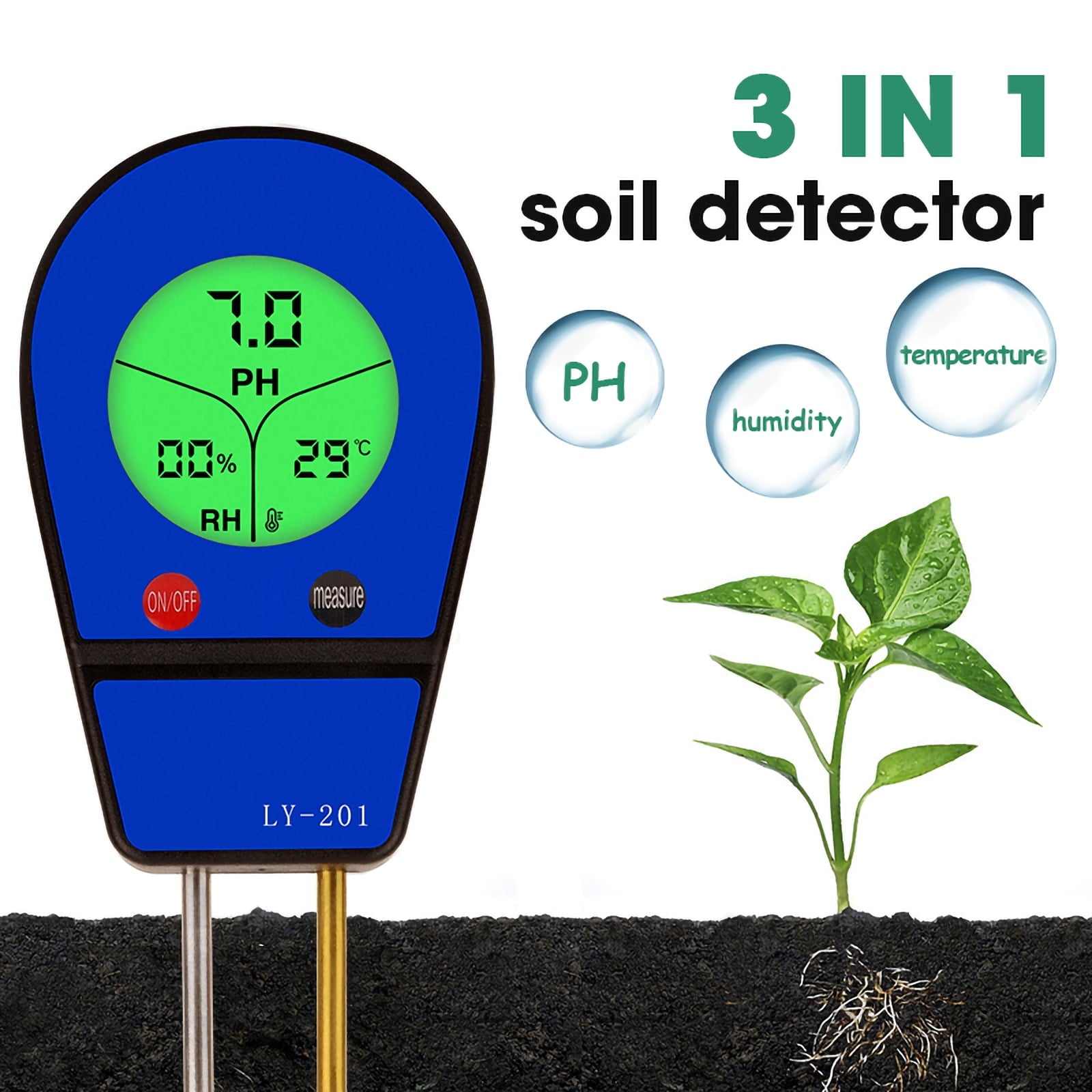 Geeopuk 3-in-1 Soil Moisture Meter, Digital PH Meter for Soil, Temperature & Moisture Tester with Backlight LCD,Display for Gardening, Farming and Outdoor Plants