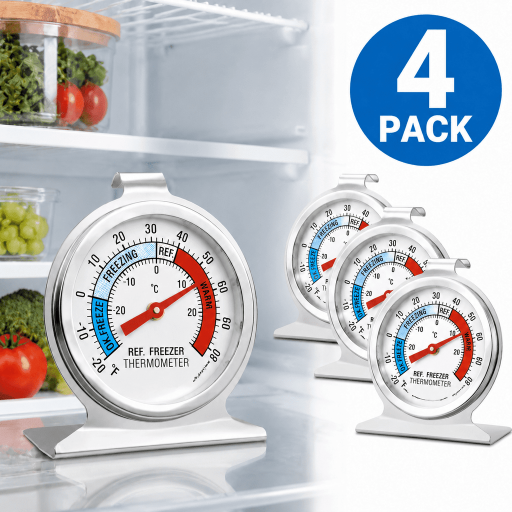 Geeopuk 4 Pack Refrigerator Thermometer, Large Dial Fridge Freezer Thermometer with Easy Read Display, Hanging or Standing Temperature Gauge for Refrigerator, Freezer, Cooler and Food Storage