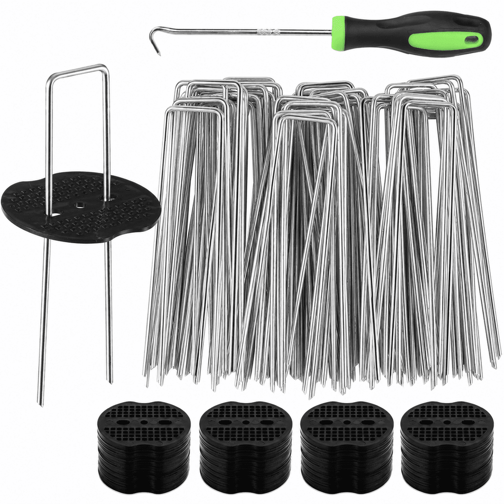 Geeopuk 50 Pack Approx. 6 Inch U-Shaped Landscape Staples with 50 Gaskets & Hook Tool, 11 Gauge Galvanized Garden Stakes for Weed Barrier