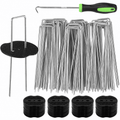 Geeopuk 50 Pack Approx. 6 Inch U-Shaped Landscape Staples with 50 Gaskets & Hook Tool, 11 Gauge Galvanized Garden Stakes for Weed Barrier