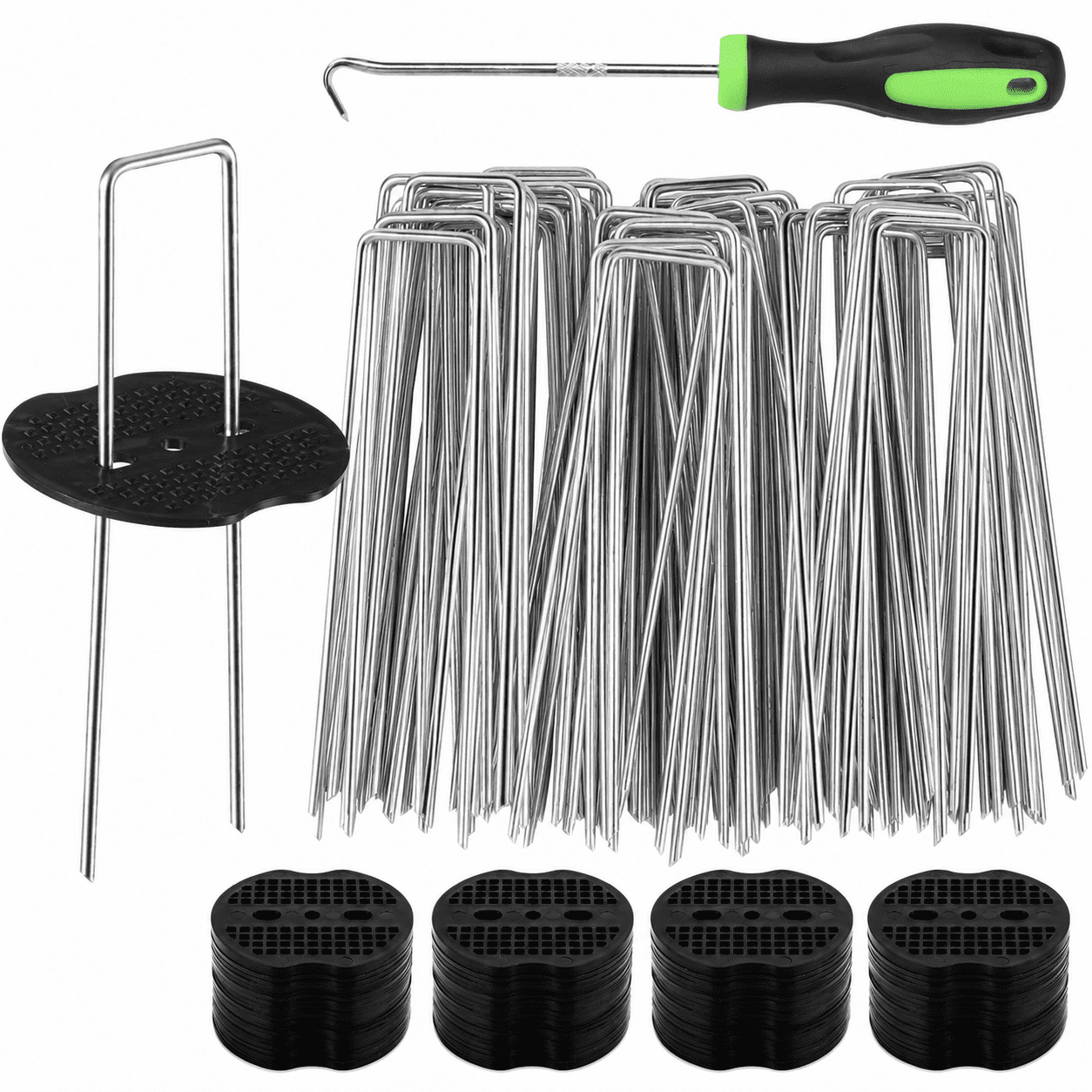 Geeopuk 50 Pack Approx. 6 Inch U-Shaped Landscape Staples with 50 Gaskets & Hook Tool, 11 Gauge Galvanized Garden Stakes for Weed Barrier