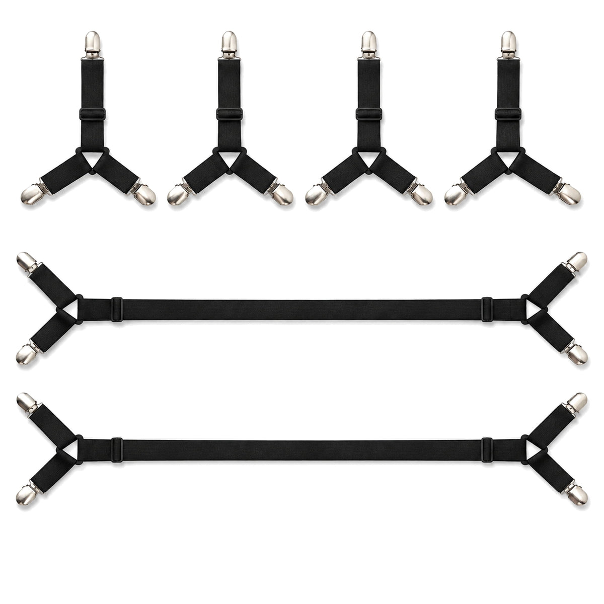 Geeopuk 6 Pack Bed Sheet Straps, Adjustable Elastic Fitted Sheet Holders with Metal Clips, Mattress Sheet Fasteners Keep Sheets in Place, Twin to California King Size, Black