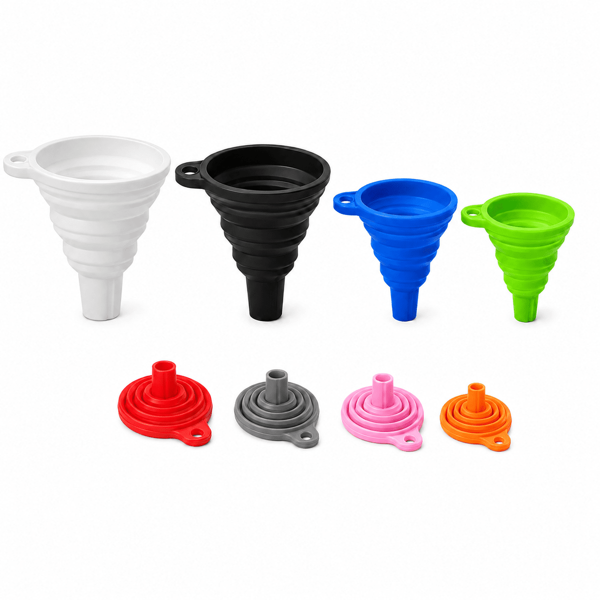 Geeopuk 8 Pack Collapsible Silicone Funnels, Kitchen Funnel Set with 4 Sizes, Foldable Bottle Funnels for Oil, Liquid, Food, Jar Filling and Travel Use