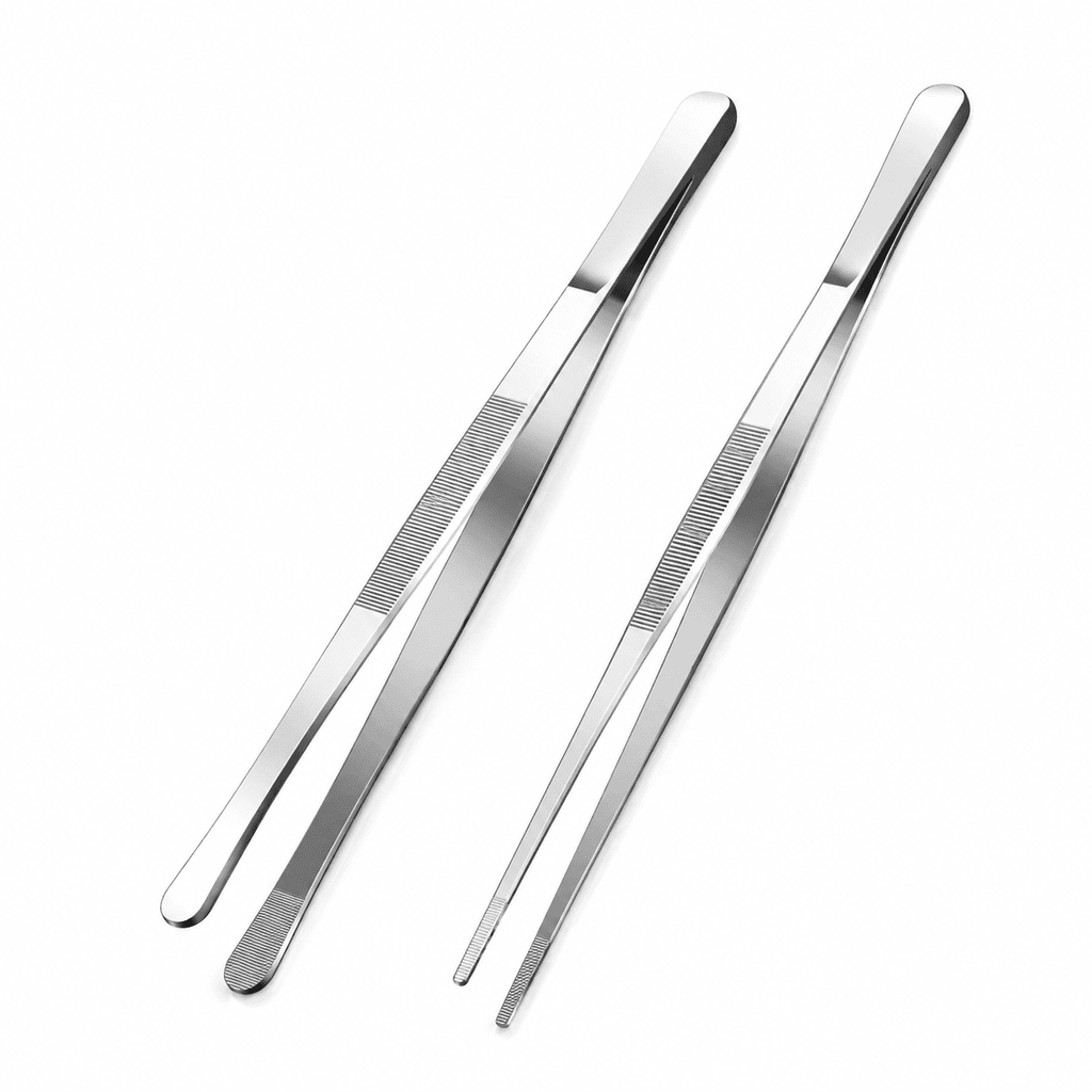 Geeopuk Kitchen Tweezers 2 Pack, 12 Inch Extra Long Stainless Steel Cooking Tweezers, Wide Round Tip & Narrow Straight Tip Food Tongs for Plating, BBQ, Grilling and Serving