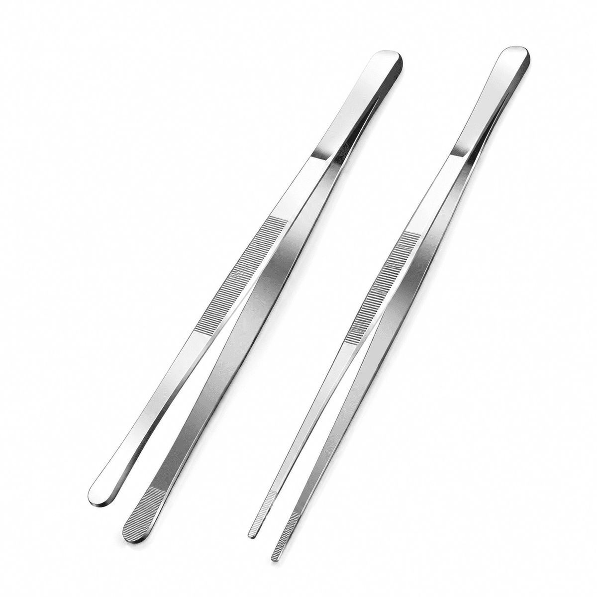 Geeopuk Kitchen Tweezers 2 Pack, 12 Inch Extra Long Stainless Steel Cooking Tweezers, Wide Round Tip & Narrow Straight Tip Food Tongs for Plating, BBQ, Grilling and Serving