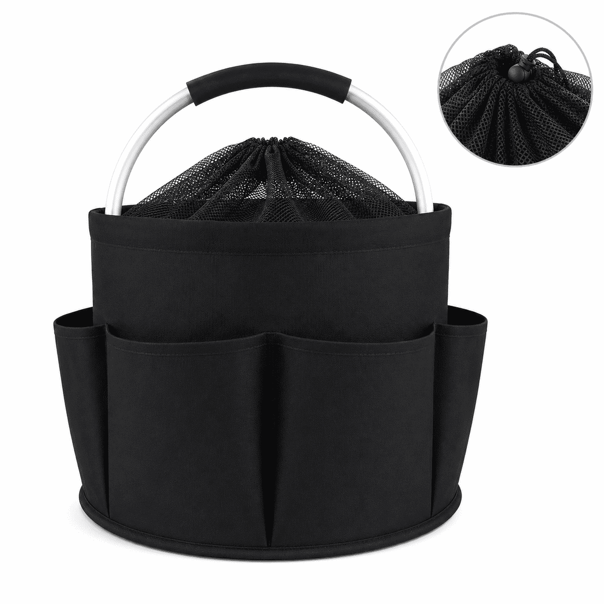 Geeopuk Large Utility Tote Organizer Bag, 17L Portable Shower Caddy with 6 Outer Pockets, Reinforced Aluminum Handle, Mesh Drawstring Top, Foldable Storage Basket for Bathroom, Garden, Gym, Camping