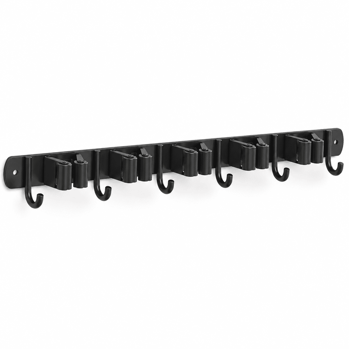 Geeopuk Mop and Broom Holder Wall Mount, 5 Grip Slots 6 Hooks Cleaning Tool Organizer with 4.33" Spacing, Self-Grip Silicone Clips, Garage Laundry Room Storage Rack, Black