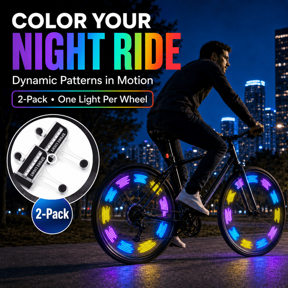 Geeopuk 2-Pack Bike Wheel Spoke Lights, RGB LED Bicycle Wheel Lights with 30 Dynamic Patterns, Auto Color Changing Tire Lights, Tool-Free Installation for Night Riding and Cycling Accessories