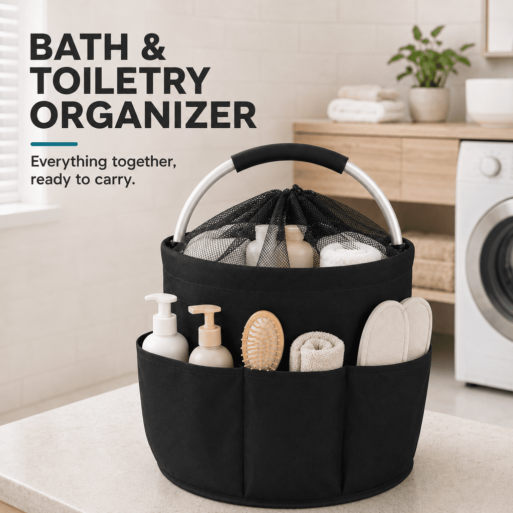 Geeopuk Large Utility Tote Organizer Bag, 17L Portable Shower Caddy with 6 Outer Pockets, Reinforced Aluminum Handle, Mesh Drawstring Top, Foldable Storage Basket for Bathroom, Garden, Gym, Camping