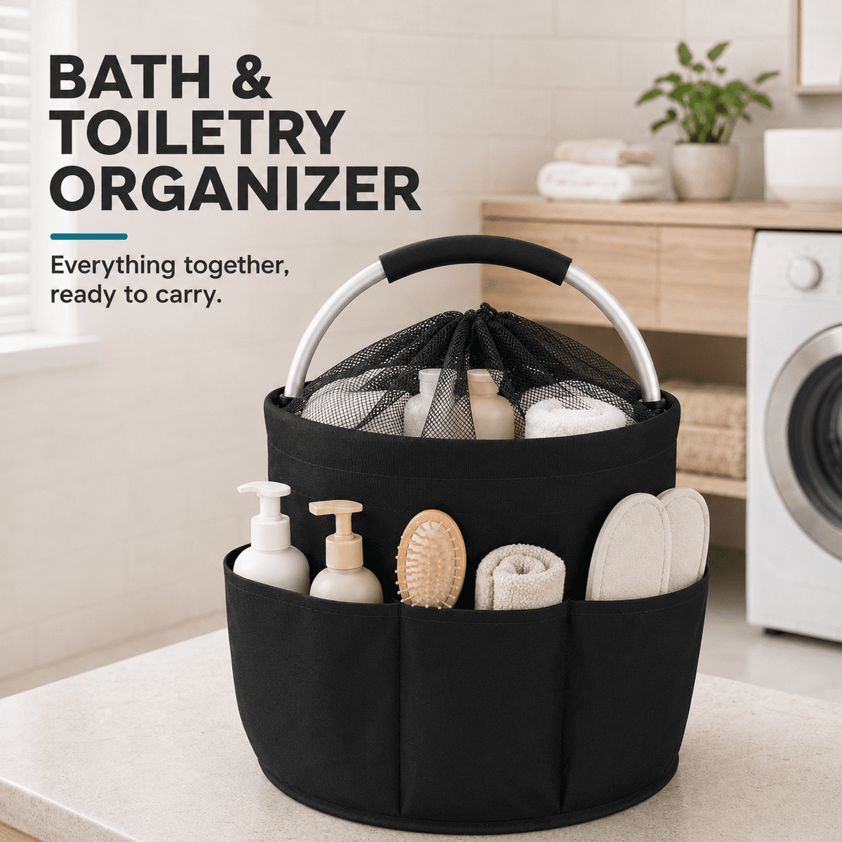 Geeopuk Large Utility Tote Organizer Bag, 17L Portable Shower Caddy with 6 Outer Pockets, Reinforced Aluminum Handle, Mesh Drawstring Top, Foldable Storage Basket for Bathroom, Garden, Gym, Camping