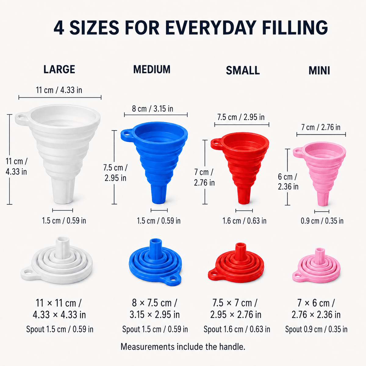 Geeopuk 8 Pack Collapsible Silicone Funnels, Kitchen Funnel Set with 4 Sizes, Foldable Bottle Funnels for Oil, Liquid, Food, Jar Filling and Travel Use