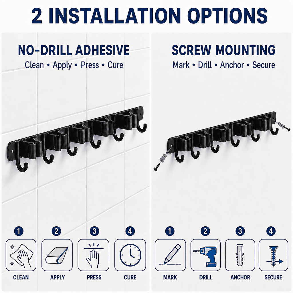 Geeopuk Mop and Broom Holder Wall Mount, 5 Grip Slots 6 Hooks Cleaning Tool Organizer with 4.33" Spacing, Self-Grip Silicone Clips, Garage Laundry Room Storage Rack, Black