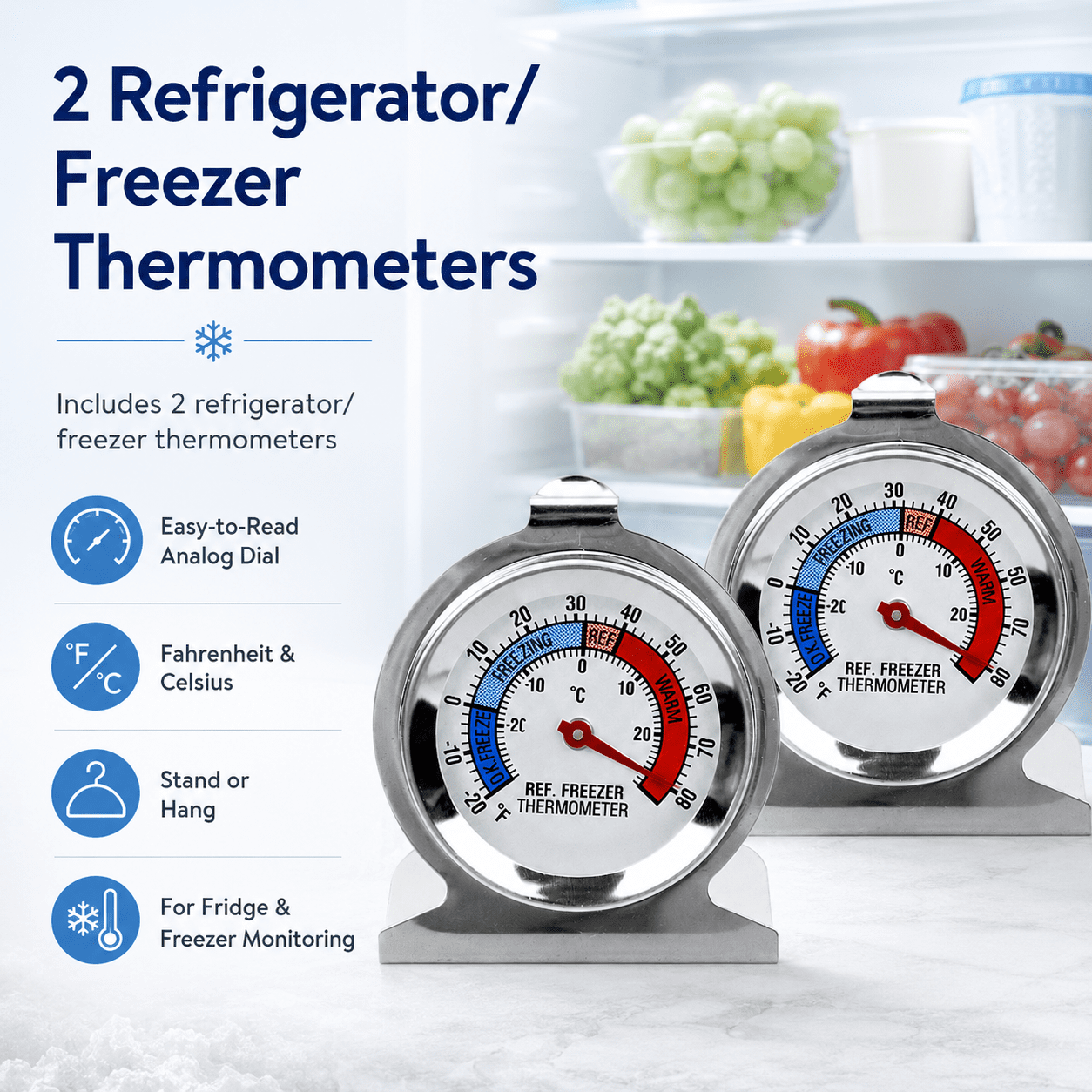 Geeopuk 3-Piece Kitchen Thermometer Set, Digital Meat Food Thermometer with 2 Refrigerator Freezer Thermometers for Cooking, Grill, Fridge, Freezer