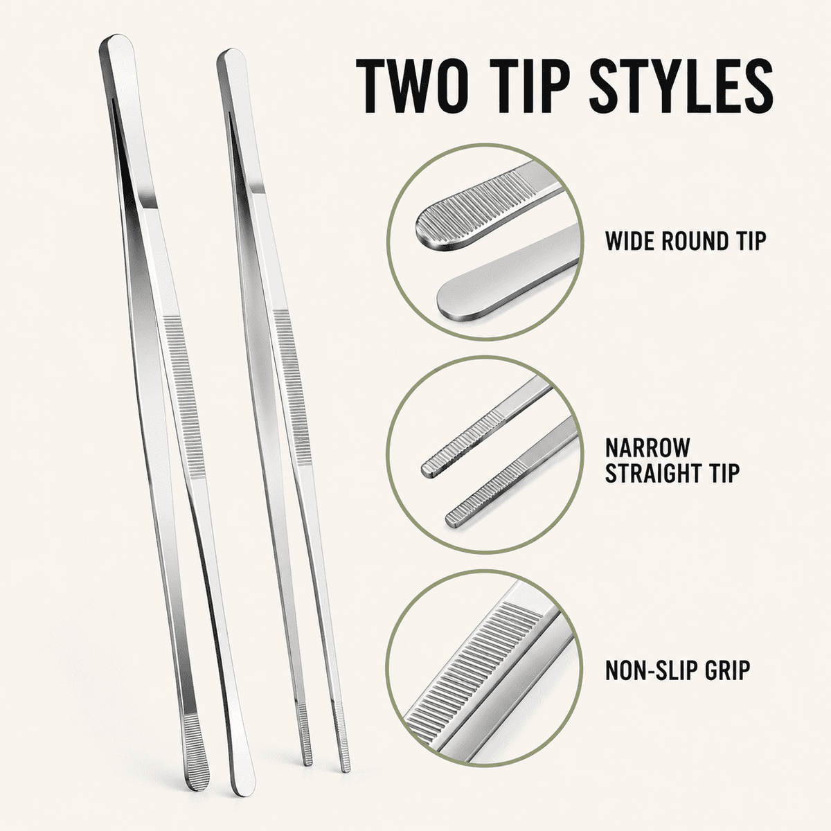 Geeopuk Kitchen Tweezers 2 Pack, 12 Inch Extra Long Stainless Steel Cooking Tweezers, Wide Round Tip & Narrow Straight Tip Food Tongs for Plating, BBQ, Grilling and Serving