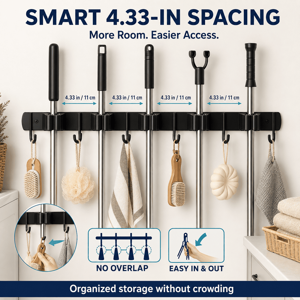Geeopuk Mop and Broom Holder Wall Mount, 5 Grip Slots 6 Hooks Cleaning Tool Organizer with 4.33" Spacing, Self-Grip Silicone Clips, Garage Laundry Room Storage Rack, Black
