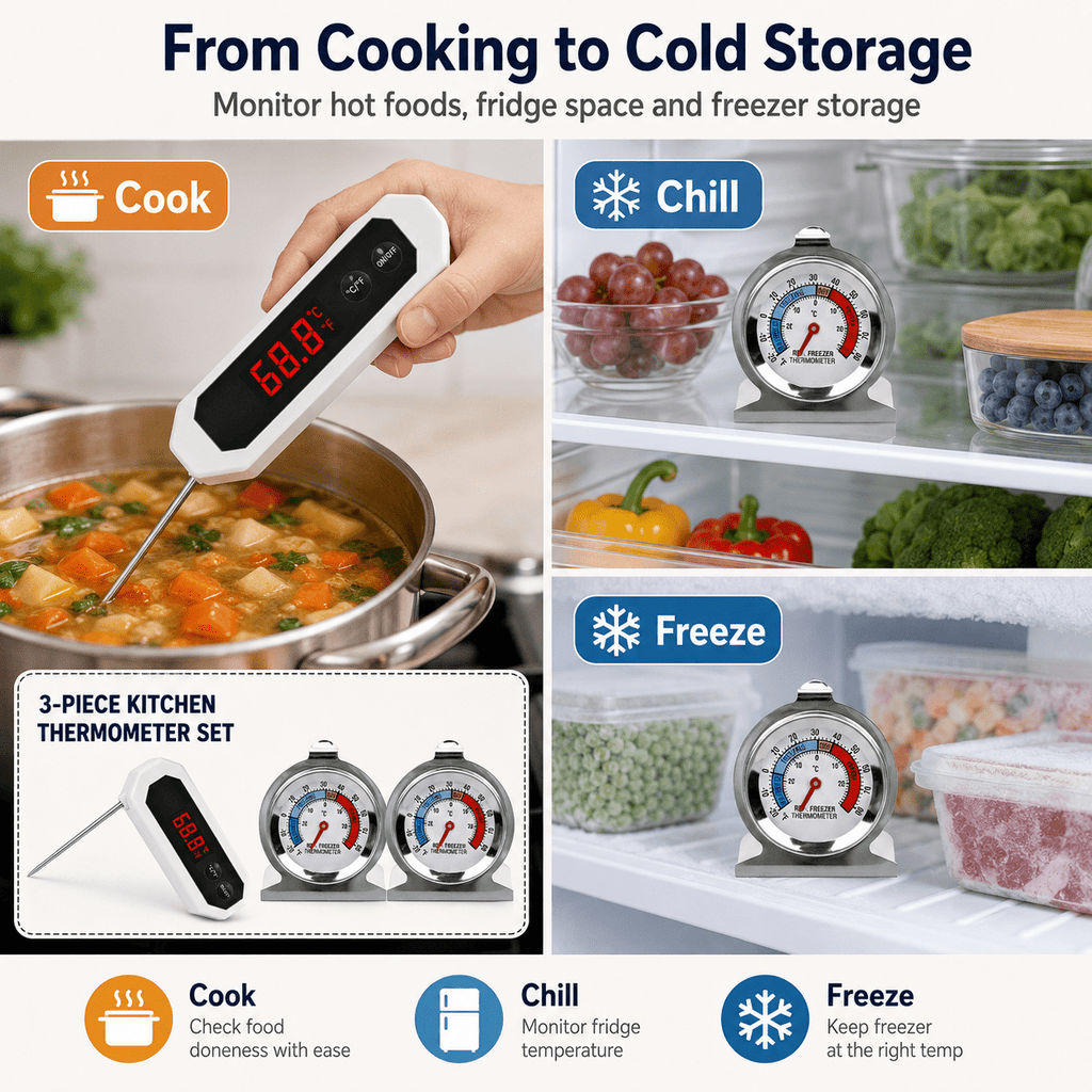 Geeopuk 3-Piece Kitchen Thermometer Set, Digital Meat Food Thermometer with 2 Refrigerator Freezer Thermometers for Cooking, Grill, Fridge, Freezer