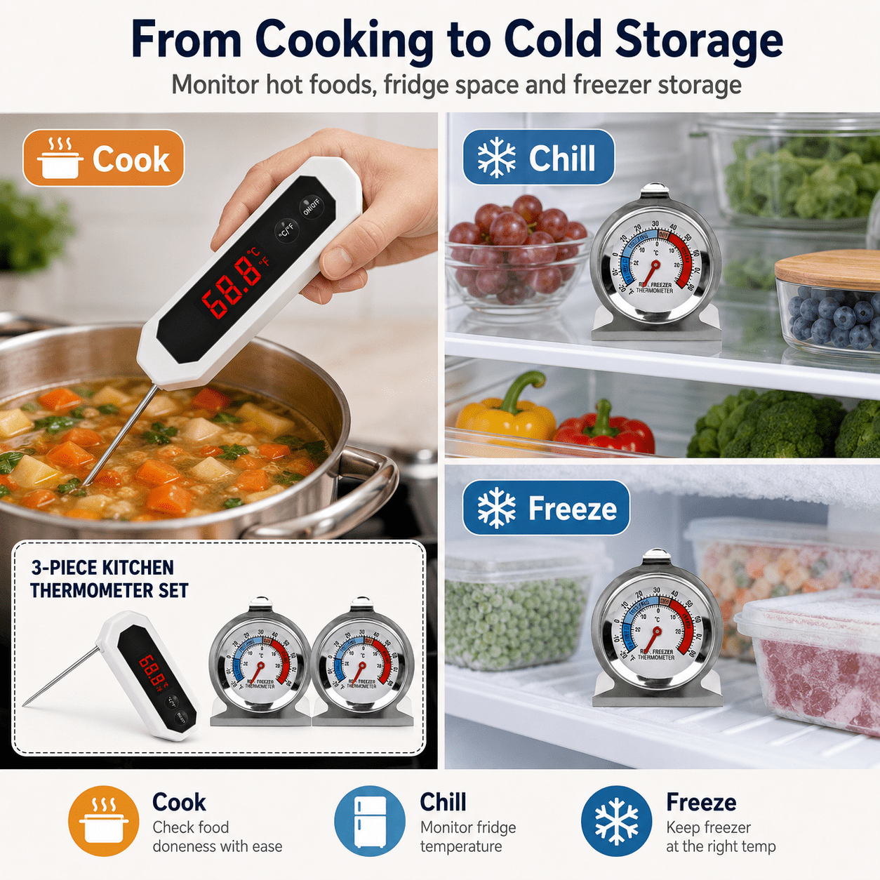 Geeopuk 3-Piece Kitchen Thermometer Set, Digital Meat Food Thermometer with 2 Refrigerator Freezer Thermometers for Cooking, Grill, Fridge, Freezer