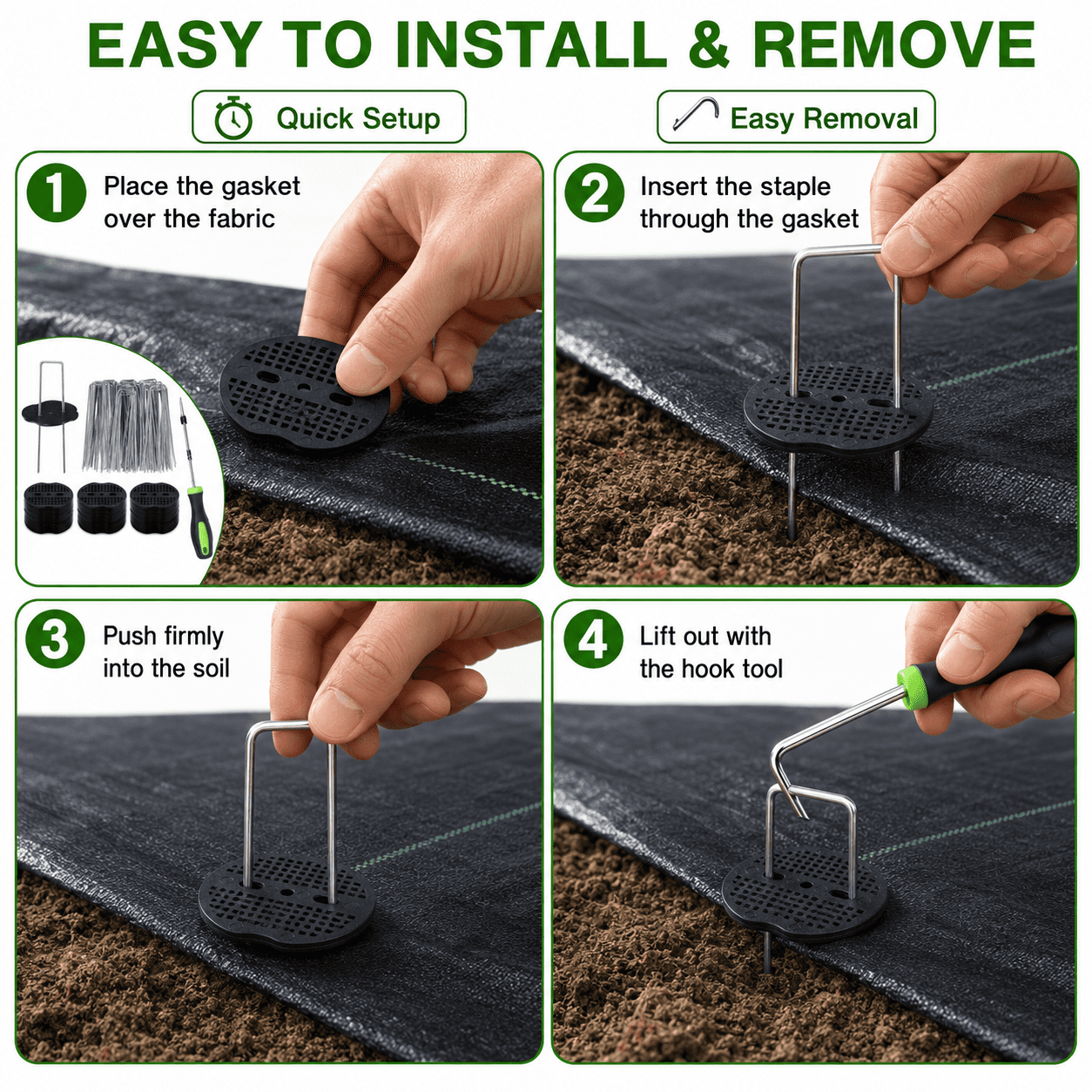 Geeopuk 50 Pack Approx. 6 Inch U-Shaped Landscape Staples with 50 Gaskets & Hook Tool, 11 Gauge Galvanized Garden Stakes for Weed Barrier
