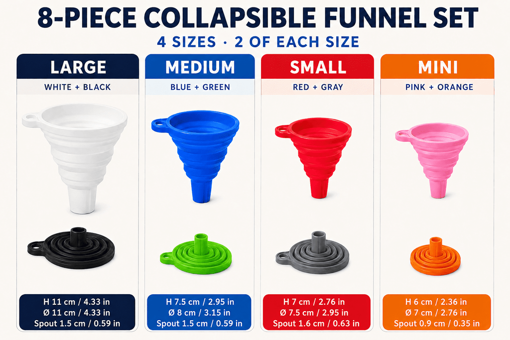 Geeopuk 8 Pack Collapsible Silicone Funnels, Kitchen Funnel Set with 4 Sizes, Foldable Bottle Funnels for Oil, Liquid, Food, Jar Filling and Travel Use