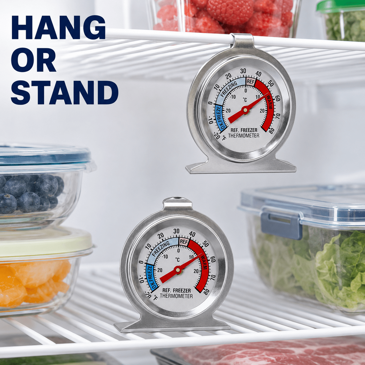 Geeopuk 4 Pack Refrigerator Thermometer, Large Dial Fridge Freezer Thermometer with Easy Read Display, Hanging or Standing Temperature Gauge for Refrigerator, Freezer, Cooler and Food Storage